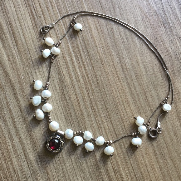 .925 Sterling Silver Garnet and Pearls Choker